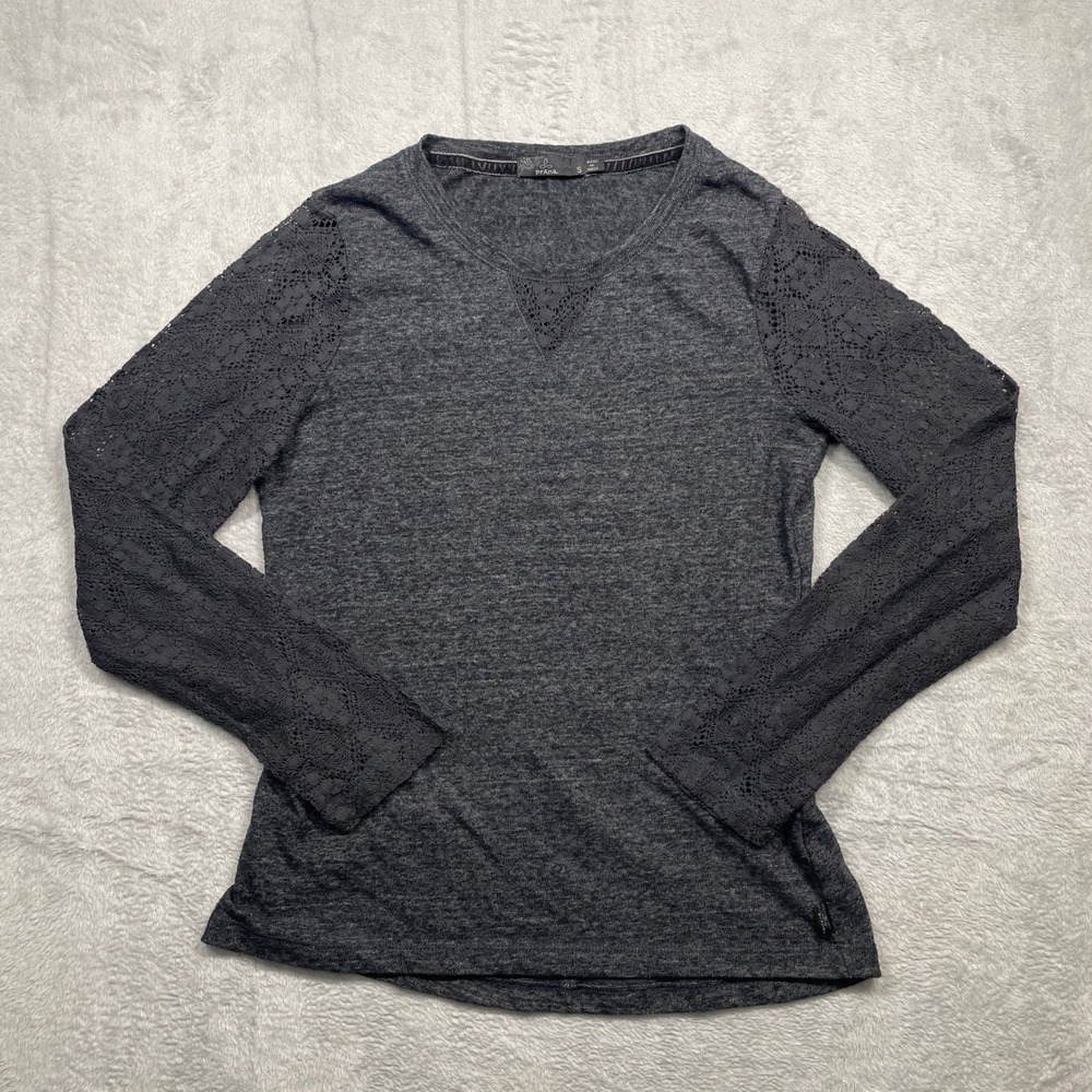 Prana Long Sleeve Top Women S Gray Lace Sleeve V-Neck Heathered Knit Boho